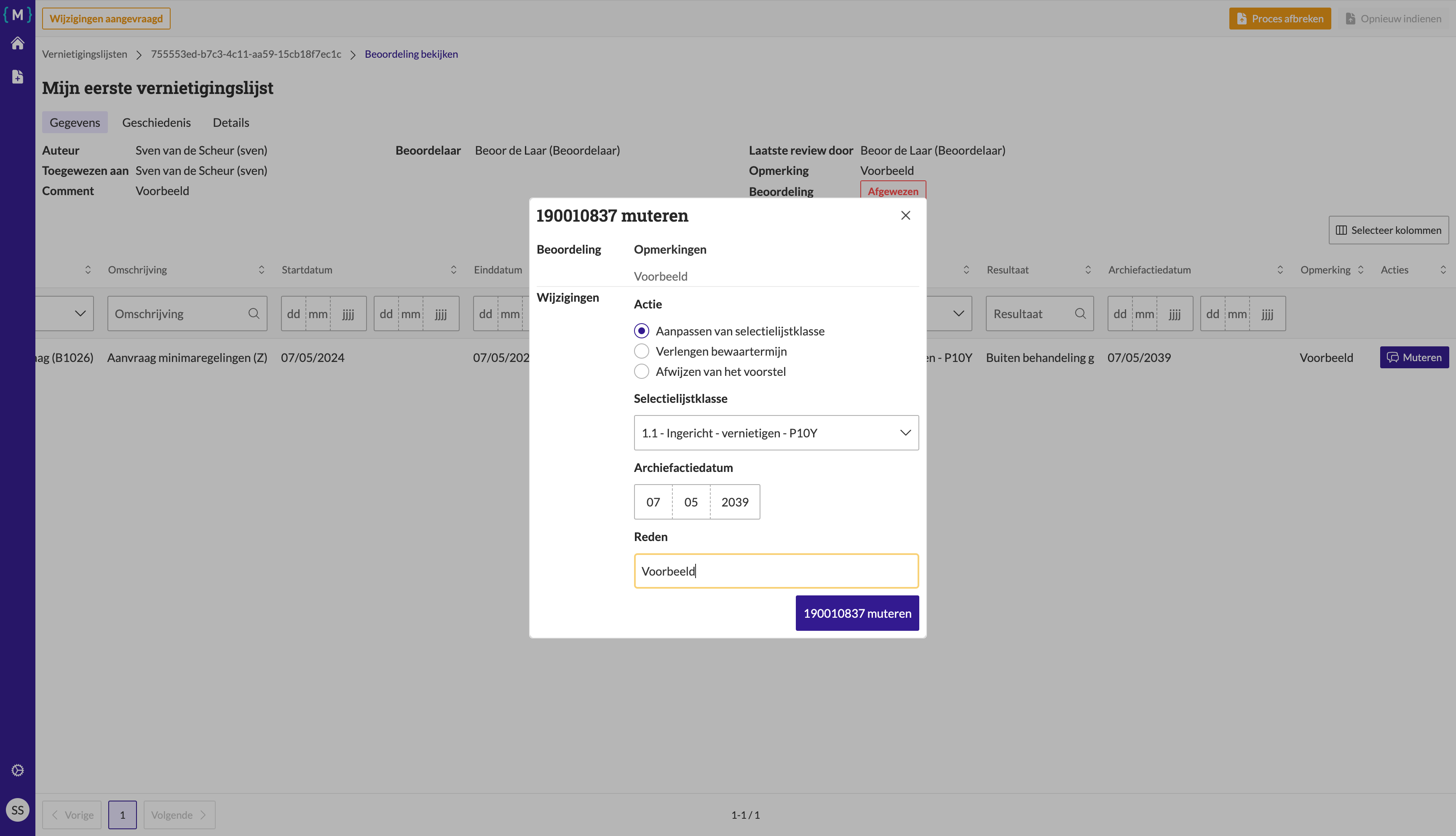 Beoordeling verwerken schermafbeelding