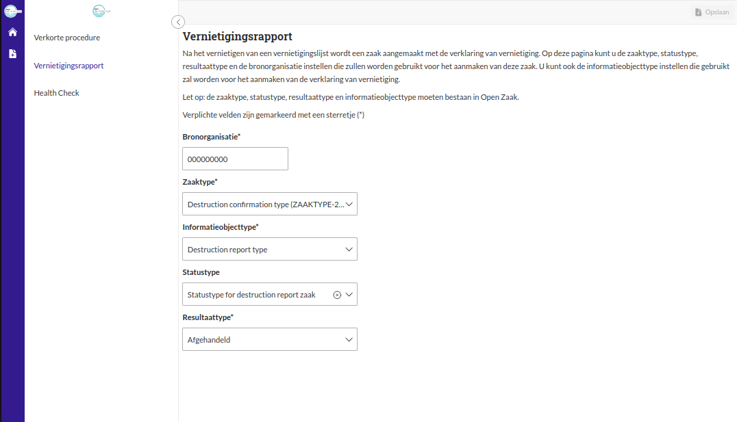 Vernietigingsrapport configureren schermafbeelding